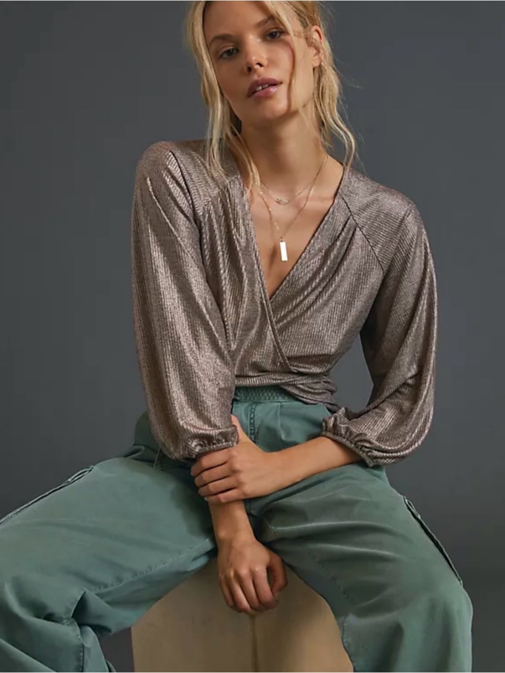 Anthropologie Metallic Taupe Wrap-Front Long-Sleeve Top